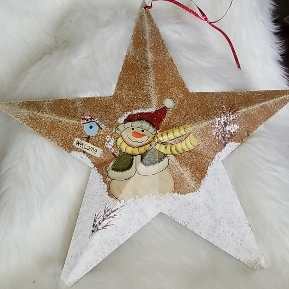 Handpainted Metal Farm Style Star with Snowman.